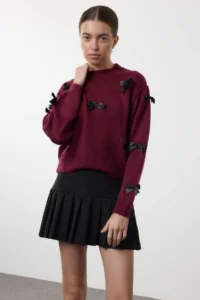 TRENDYOLMİLLA Burgundy Soft textured Ribbon/Bow Detailed Knitwear Sweater - Image 2
