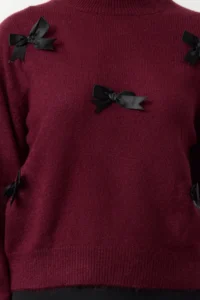 TRENDYOLMİLLA Burgundy Soft textured Ribbon/Bow Detailed Knitwear Sweater - Image 4