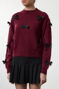 TRENDYOLMİLLA Burgundy Soft textured Ribbon/Bow Detailed Knitwear Sweater - Image 5