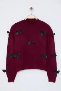 TRENDYOLMİLLA Burgundy Soft textured Ribbon/Bow Detailed Knitwear Sweater - Image 7