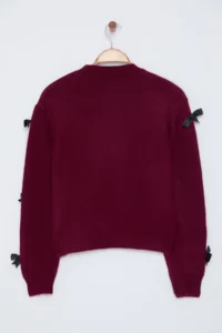 TRENDYOLMİLLA Burgundy Soft textured Ribbon/Bow Detailed Knitwear Sweater - Image 8