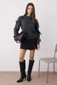 TRENDYOLMİLLA DARK anthracite Soft textured Ribbon/Bow Detailed Knitwear Sweater - Image 2