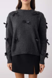 TRENDYOLMİLLA DARK anthracite Soft textured Ribbon/Bow Detailed Knitwear Sweater - Image 3