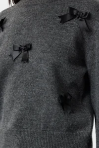 TRENDYOLMİLLA DARK anthracite Soft textured Ribbon/Bow Detailed Knitwear Sweater - Image 8