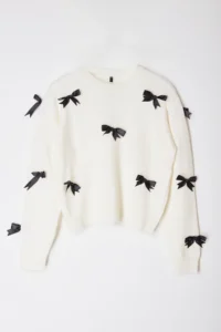 TRENDYOLMİLLA Ecru Soft textured Ribbon/Bow Detailed Knitwear Sweater - Image 7