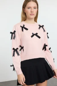 TRENDYOLMİLLA PINK Soft textured Ribbon/Bow Detailed Knitwear Sweater