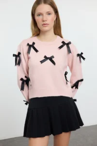 TRENDYOLMİLLA PINK Soft textured Ribbon/Bow Detailed Knitwear Sweater - Image 2