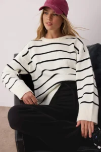 TRENDYOLMİLLA Bonnet*001 Striped Wide Pattern Soft textured Knitwear Sweater - Image 2