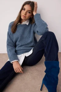 TRENDYOLMİLLA Indigo Wide Pattern Soft textured Knitwear Sweater