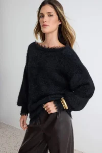 TRENDYOLMİLLA Black Hairy Wide Pattern Turndown collar Knitwear Sweater - Image 2