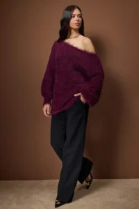 TRENDYOLMİLLA Plum Hairy Wide Pattern Turndown collar Knitwear Sweater - Image 2