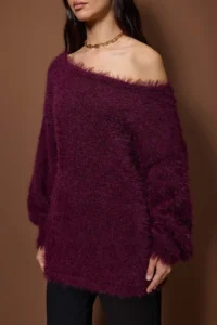 TRENDYOLMİLLA Plum Hairy Wide Pattern Turndown collar Knitwear Sweater - Image 3