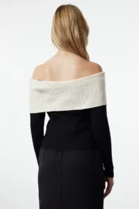 TRENDYOLMİLLA Black Carmen Collar Color Bloklu Fitted/Bodysuit hugging Knitwear Sweater - Image 5