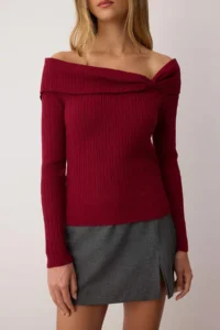 TRENDYOLMİLLA Burgundy Carmen Collar Color Bloklu Fitted/Bodysuit hugging Knitwear Sweater - Image 3