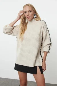 TRENDYOLMİLLA Stone High Neck Embroidered Soft textured Wide Pattern Knitwear Sweater