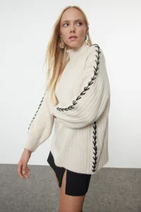 TRENDYOLMİLLA Stone High Neck Embroidered Soft textured Wide Pattern Knitwear Sweater - Image 2
