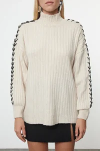 TRENDYOLMİLLA Stone High Neck Embroidered Soft textured Wide Pattern Knitwear Sweater - Image 3