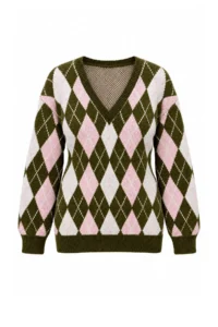 TRENDYOLMİLLA Khaki Soft textured Wide Pattern V-neck Baklava Knitwear Sweater - Image 5