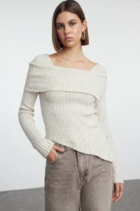 TRENDYOLMİLLA Stone Soft textured Collar Detailed Skirt Tip Asymmetric Fitted/Bodysuit hugging Knitwear Sweater