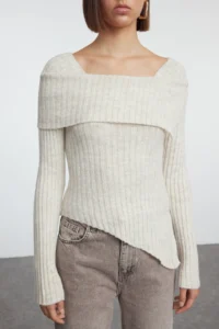 TRENDYOLMİLLA Stone Soft textured Collar Detailed Skirt Tip Asymmetric Fitted/Bodysuit hugging Knitwear Sweater - Image 3