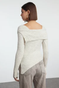 TRENDYOLMİLLA Stone Soft textured Collar Detailed Skirt Tip Asymmetric Fitted/Bodysuit hugging Knitwear Sweater - Image 5