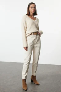 TRENDYOLMİLLA Stone Wide Pattern Deep V-neck textured Knitwear Sweater - Image 2