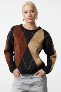 TRENDYOLMİLLA Black Color Blocked Soft textured Knitwear Sweater