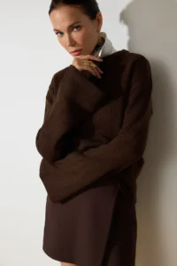 TRENDYOLMİLLA Brown Wide Pattern Soft textured Knitwear Sweater - Image 2