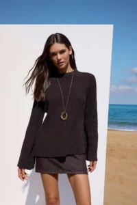 TRENDYOLMİLLA More Sustainable Brown Wide Pattern peplum Detailed Cotton Knitwear Sweater