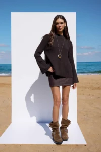 TRENDYOLMİLLA More Sustainable Brown Wide Pattern peplum Detailed Cotton Knitwear Sweater - Image 2