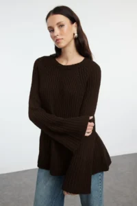 TRENDYOLMİLLA More Sustainable Brown Wide Pattern peplum Detailed Cotton Knitwear Sweater - Image 6