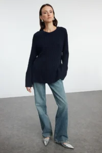 TRENDYOLMİLLA More Sustainable NAVY BLUE Wide Pattern peplum Detailed Cotton Knitwear Sweater - Image 2