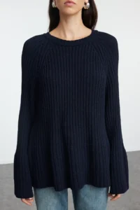 TRENDYOLMİLLA More Sustainable NAVY BLUE Wide Pattern peplum Detailed Cotton Knitwear Sweater - Image 3