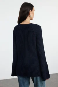 TRENDYOLMİLLA More Sustainable NAVY BLUE Wide Pattern peplum Detailed Cotton Knitwear Sweater - Image 5