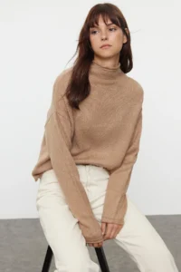 TRENDYOLMİLLA More Sustainable Mink Soft textured Wide Pattern High Neck Knitwear Sweater - Image 2