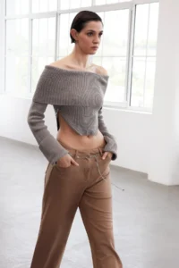 TRENDYOLMİLLA Mink Premium/Special Thread Ribbed Carmen Collar Knitwear Bodysuit Sweater