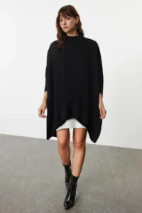 TRENDYOLMİLLA Black Wide Pattern High Neck Knitwear Sweater