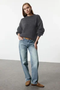 TRENDYOLMİLLA Anthracite Wide Pattern Tire Braided Soft textured Knitwear Sweater - Image 2