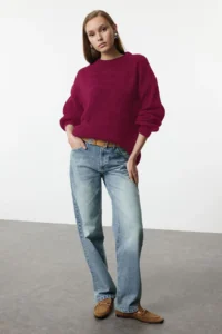 TRENDYOLMİLLA Burgundy Wide Pattern Ribbed Soft textured Knitwear Sweater - Image 2