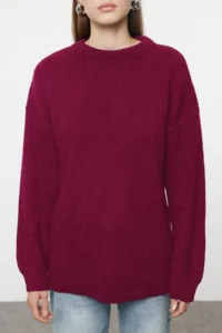 TRENDYOLMİLLA Burgundy Wide Pattern Ribbed Soft textured Knitwear Sweater - Image 3