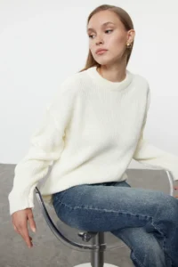 TRENDYOLMİLLA Ecru Wide Pattern Ribbed Soft textured Knitwear Sweater - Image 2