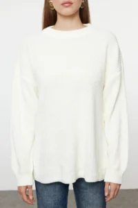 TRENDYOLMİLLA Ecru Wide Pattern Ribbed Soft textured Knitwear Sweater - Image 4