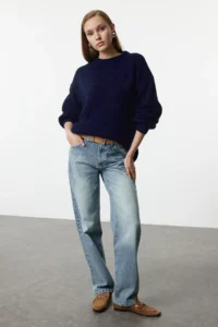 TRENDYOLMİLLA NAVY BLUE Wide Pattern Ribbed Soft textured Knitwear Sweater - Image 2