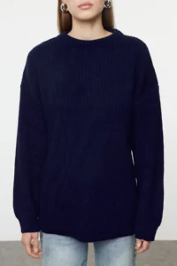 TRENDYOLMİLLA NAVY BLUE Wide Pattern Ribbed Soft textured Knitwear Sweater - Image 3