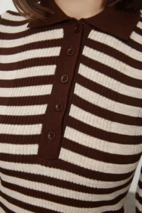 TRENDYOLMİLLA Brown Polo Shirt Collar Basic Striped Fitted/Bodysuit hugging Knitwear Sweater - Image 4