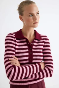TRENDYOLMİLLA Burgundy Polo Shirt Collar Basic Striped Fitted/Bodysuit hugging Knitwear Sweater