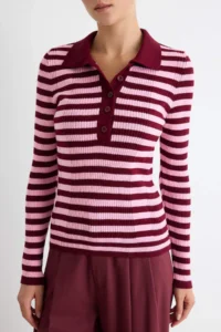 TRENDYOLMİLLA Burgundy Polo Shirt Collar Basic Striped Fitted/Bodysuit hugging Knitwear Sweater - Image 3