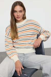 TRENDYOLMİLLA Stone Basic Striped Soft textured Color Blocked Knitwear Sweater - Image 2