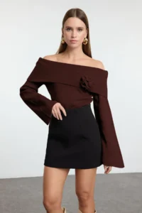 TRENDYOLMİLLA Brown ROSE Detailed Carmen Collar Knitwear Sweater - Image 2