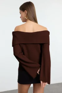 TRENDYOLMİLLA Brown ROSE Detailed Carmen Collar Knitwear Sweater - Image 5